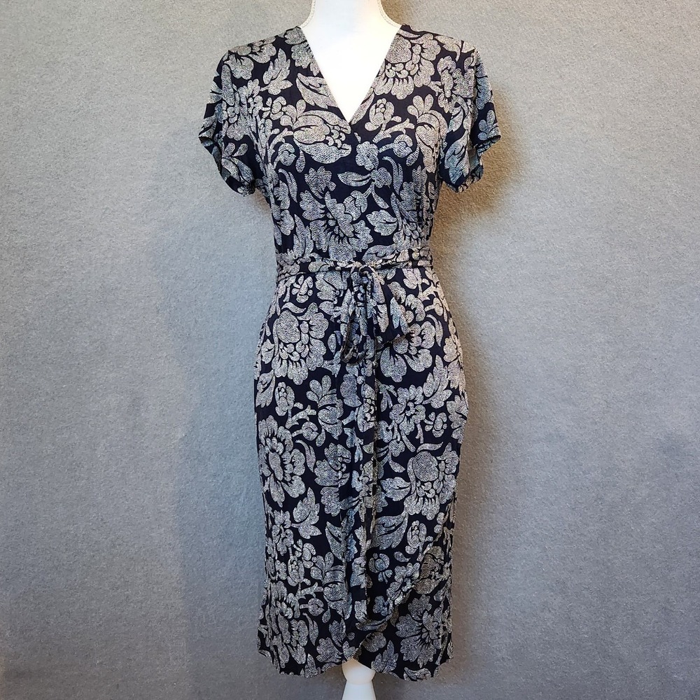 Ann Taylor LOFT Wrap Dress Women's M Navy Blue‎ & White Floral Dotted
